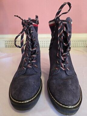 Tommy Hilfiger Navy Suede Lace-Up Ankle Boots with Red-Trim Laces